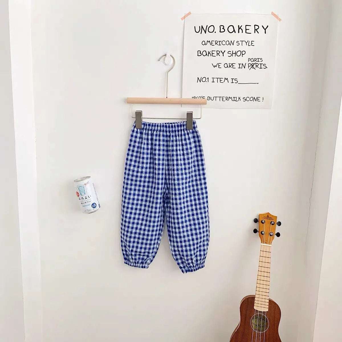 Mumzar girls plaid summer pants in blue and white gingham pattern, perfect for warm-weather outings