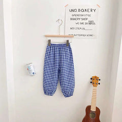 Mumzar girls plaid summer pants in blue and white gingham pattern, perfect for warm-weather outings