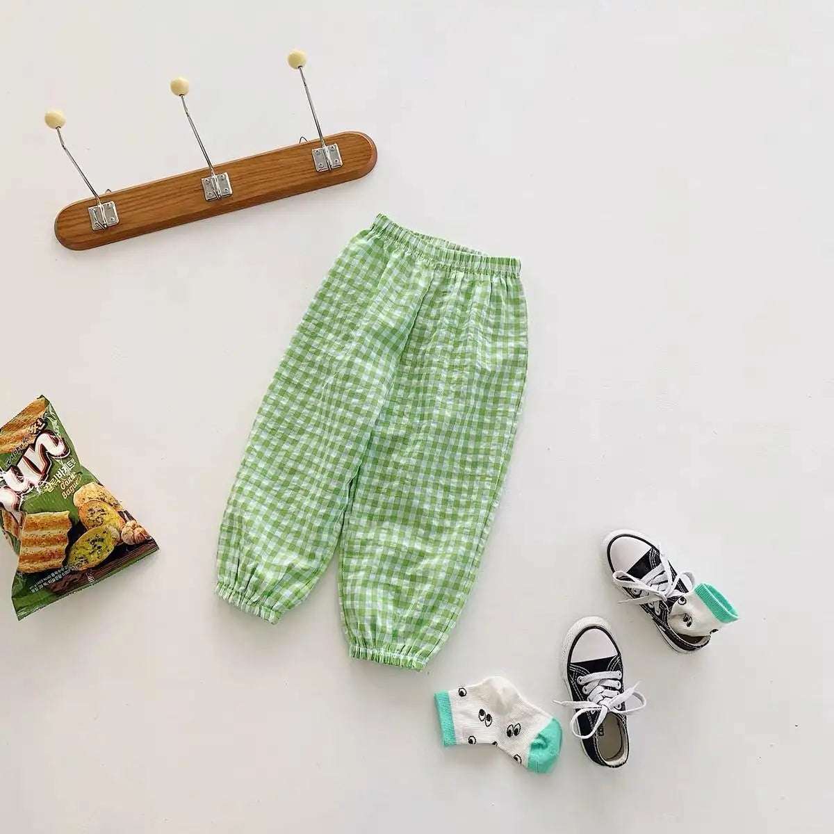 Mumzar girls plaid summer pants in light green with elastic waistband and gathered cuffs