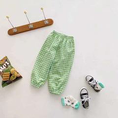 Mumzar girls plaid summer pants in light green with elastic waistband and gathered cuffs