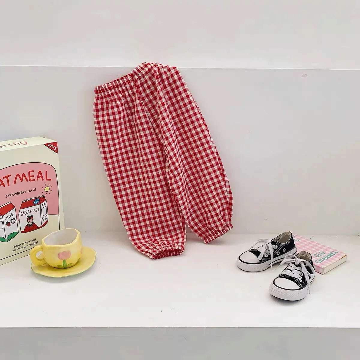Mumzar girls plaid summer pants in red and white checkered pattern for stylish summer outfits