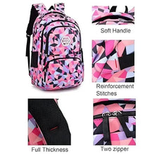 Geometric pink-and-black backpack with soft handle, reinforced stitching, and two zippers