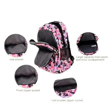 Geometric pink-and-black backpack with front zipper pocket and smaller front pocket