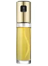 Olive oil spray bottle in clear glass with stainless cap, filled with yellow oil