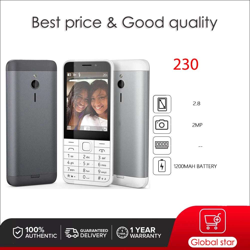Mumzar 230 basic feature phone front and back views dual sim GSM phone unlocked 2MP camera 1200mAh battery