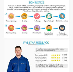 Mumzar shipping and five star feedback infographic showing package check steps and customer review for dual sim GSM phone unlocked