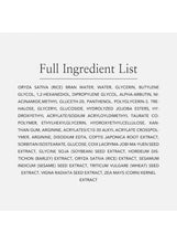 Skincare serum full ingredient list on a text panel