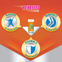 Infographic of glucon d orange glucose powder showing glass and benefits glucose energy minerals bone health vitamin C immunity
