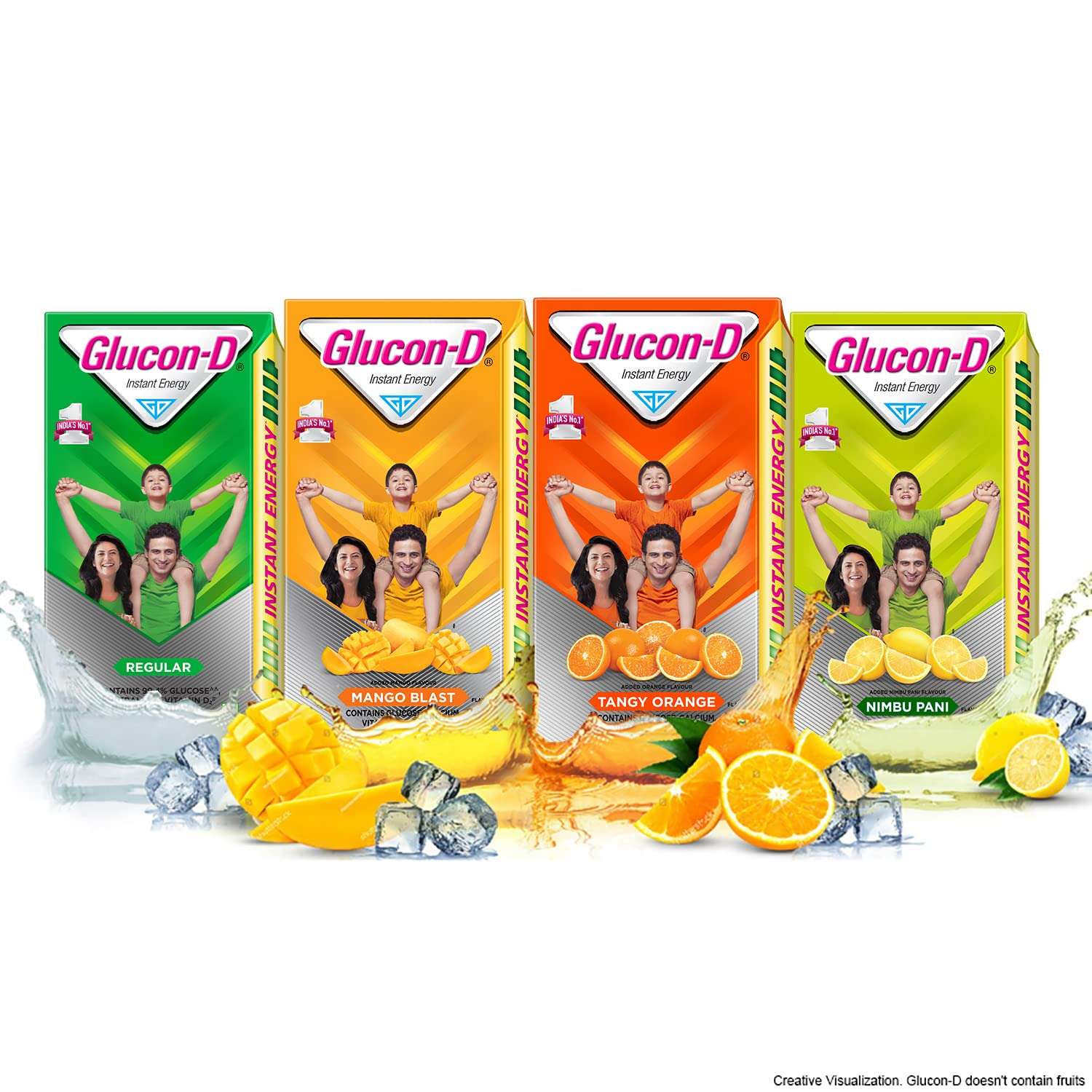 Glucon D multipack with tangy orange and other flavors highlighting glucon d orange glucose powder instant energy