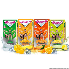 Glucon-D glucose powder variety packs in green, orange, and yellow
