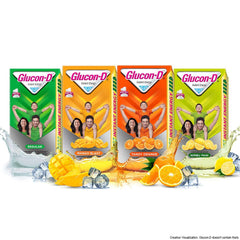 Glucon D multipack with tangy orange and other flavors highlighting glucon d orange glucose powder instant energy