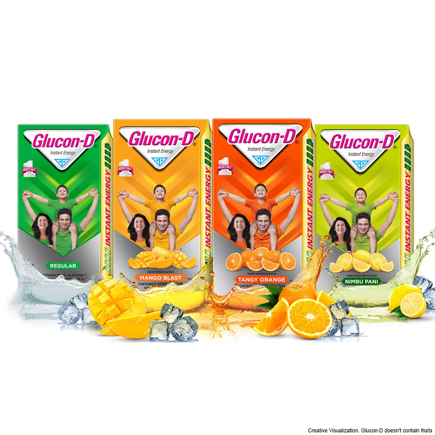 Glucon D multipack with tangy orange and other flavors highlighting glucon d orange glucose powder instant energy