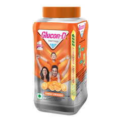 Plastic jar of Glucon D Tangy Orange instant energy drink mix with family image and orange slices glucon d orange glucose powder