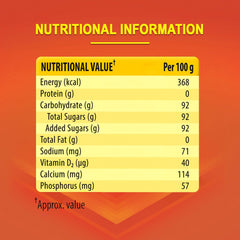 Glucon D nutrition label for glucon d orange glucose powder per 100 g showing 368 kcal 92 g carbs 92 g sugars 114 mg calcium