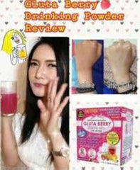 Collage showing woman holding pink Gluta Berry whitening drink with product box and skin before after results
