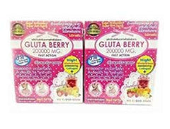 Two pink Gluta Berry whitening drink boxes 200000 mg fast action with berry and fruit images for skin glow