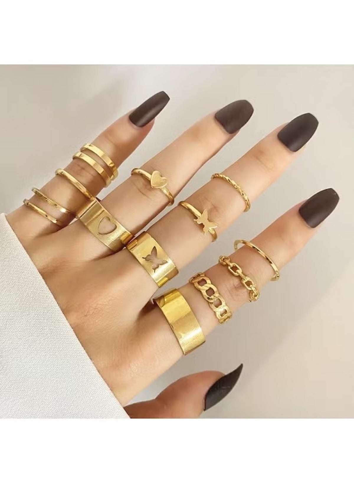 Gold adjustable ring set for women featuring multiple stylish designs and various sizes for trendy layering