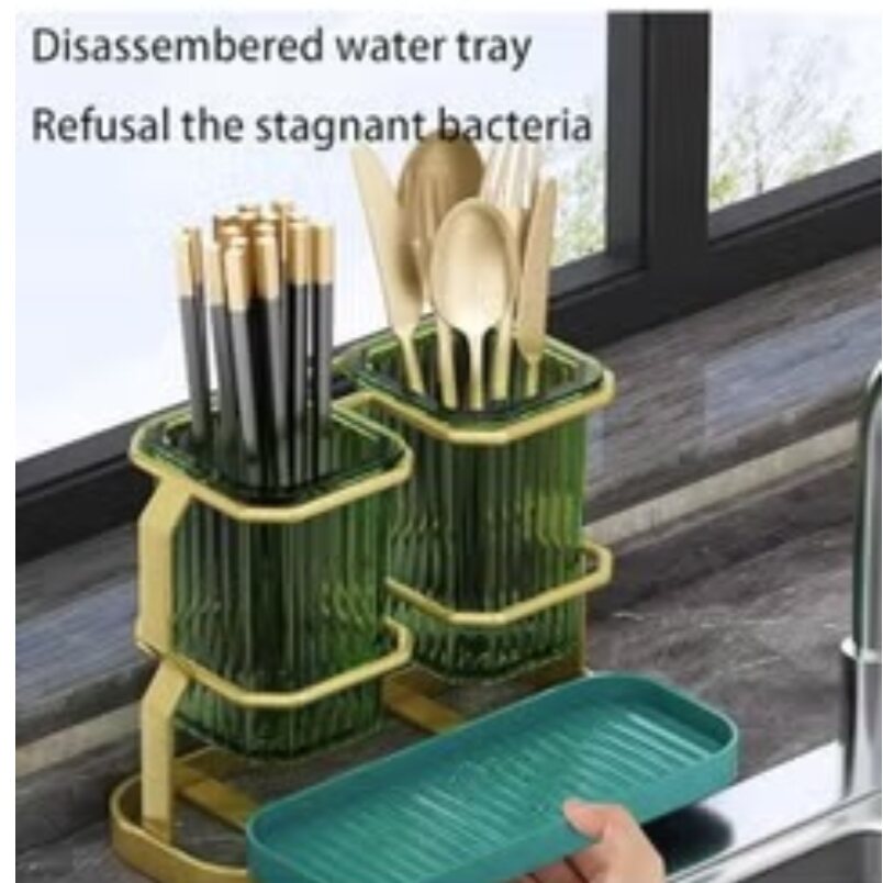 Huitich gold and green kitchen organizer with dual compartments holding chopsticks and wooden utensils