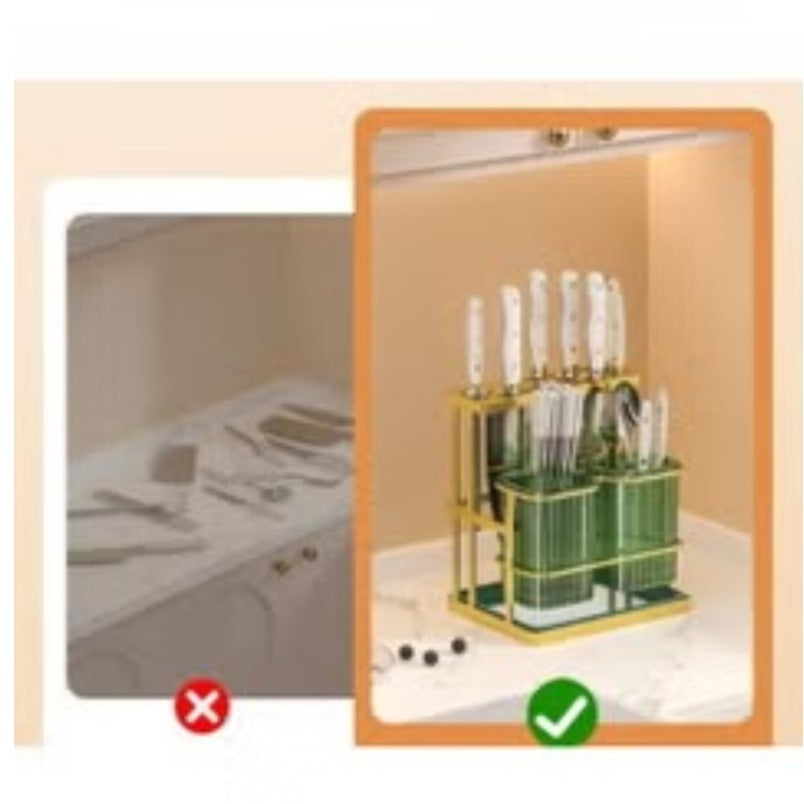 Huitich gold and green kitchen organizer holding knives and utensils on a countertop
