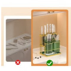 Huitich gold and green kitchen organizer holding knives and utensils on a countertop