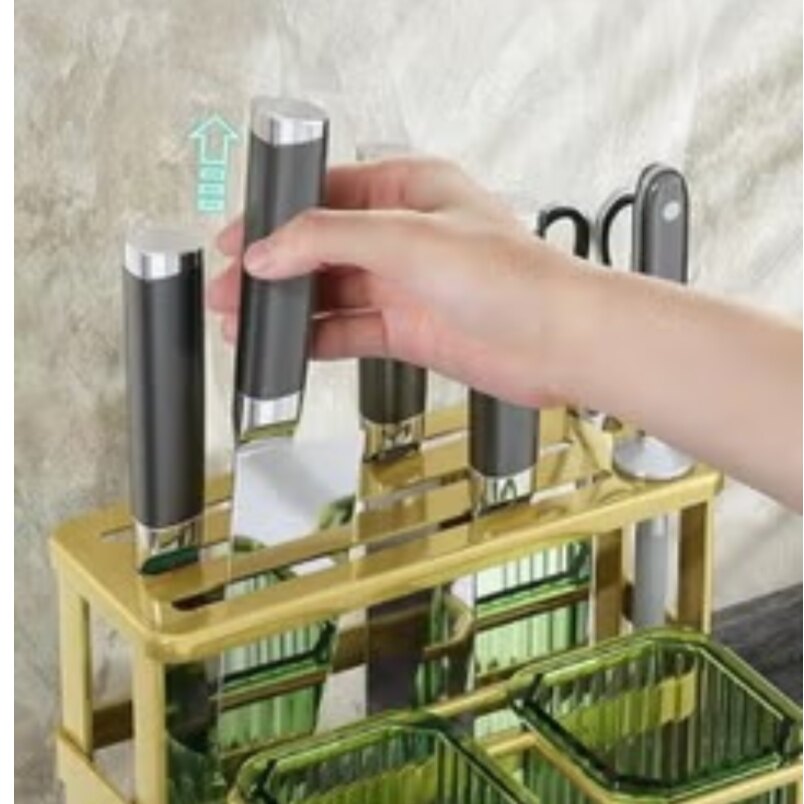 Huitich gold and green kitchen organizer holding multiple black-handled knives and scissors for cookware storage