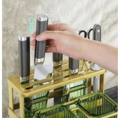 Huitich gold and green kitchen organizer holding multiple black-handled knives and scissors for cookware storage