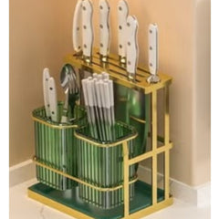 Huitich gold and green kitchen organizer with knife slots and utensil holders for countertop storage