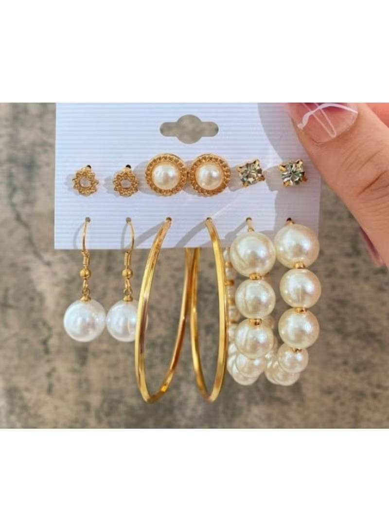 Gold and pearl earring set for women featuring various styles including hoops and studs