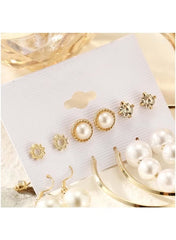 Huitich gold and pearl earring set for women featuring studs and hoop earrings on a display card