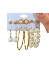 Gold-tone faux pearl stud and drop earring set with hoop and flower studs