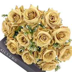 Huitich gold artificial flower decor featuring a bouquet of realistic gold roses with green leaves