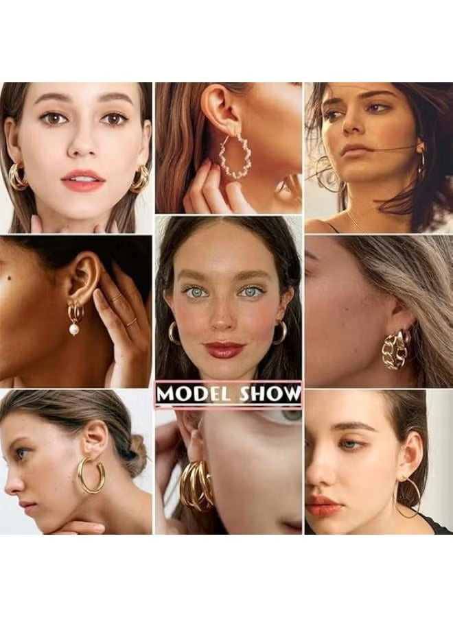 Variety of gold earring set for women showcased on models in different styles and sizes
