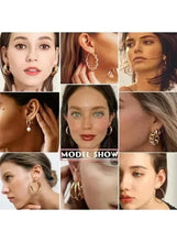 Mixed gold-tone hoop and pearl earrings collage, multiple styles shown on model