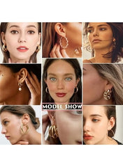Variety of gold earring set for women showcased on models in different styles and sizes