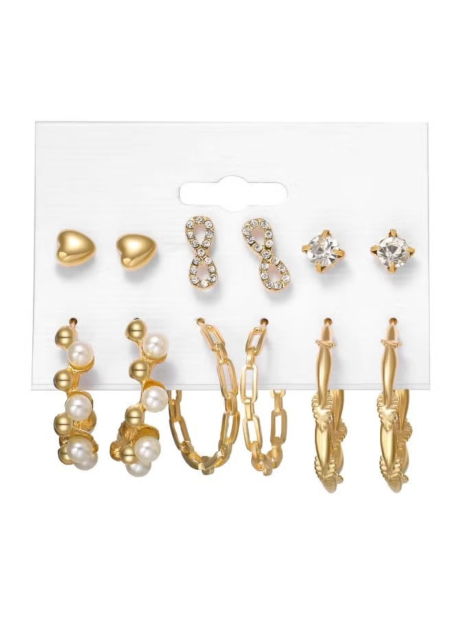 Gold earring set for women featuring heart studs, pearl hoops, and sparkling designs for versatile styling.