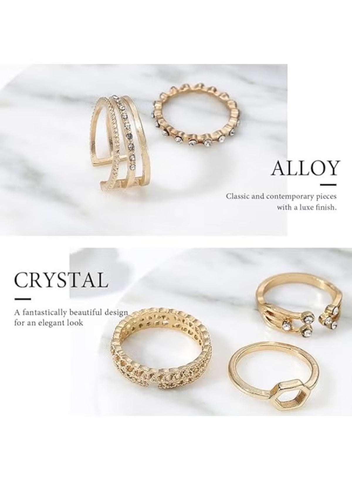 Gold fashion ring set for women featuring alloy and crystal designs for elegant styling
