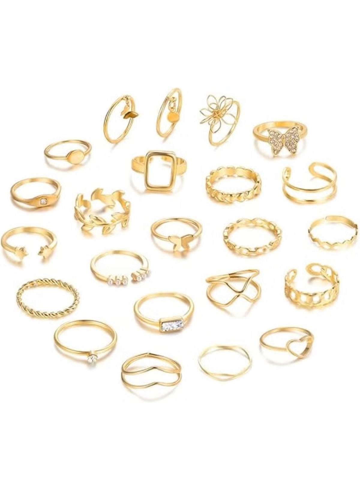 Stylish gold fashion ring set for women featuring various designs and sizes for versatile accessorizing