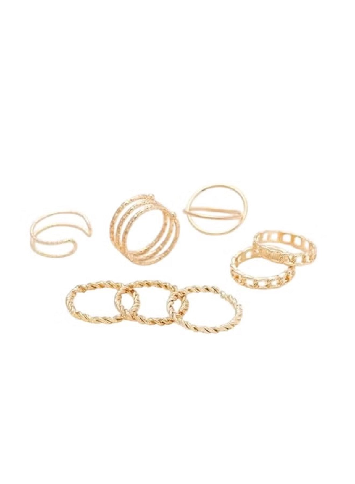 Gold fashion ring set for women featuring assorted styles including twisted and open designs