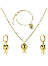 Gold heart pendant necklace with heart drop earrings set, chain and loops