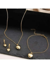 Gold heart pendant necklace, heart drop earrings, and heart bracelet with charm