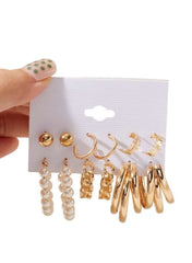 Huitich gold hoop and pearl stud earring set for women showcasing various designs on a display card
