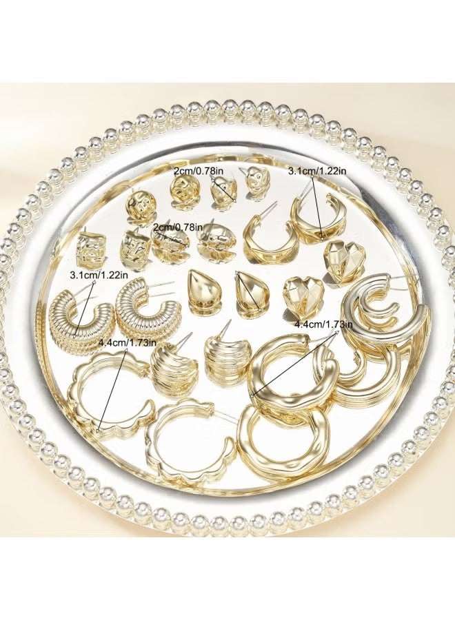 Gold hoop and stud earring set for women on a decorative tray showcasing various styles and sizes