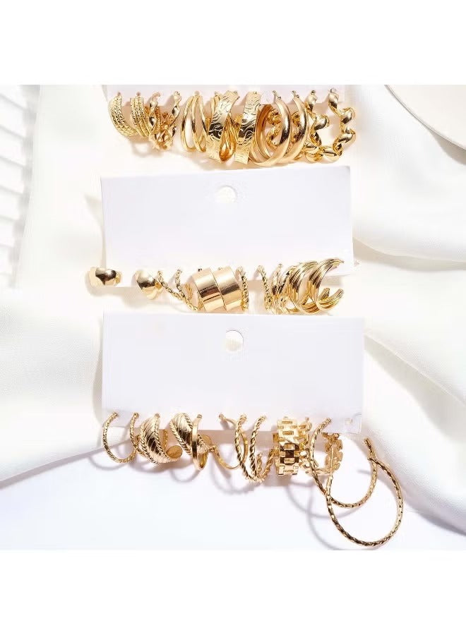 Huitich gold hoop earrings set for women featuring multiple designs and textures on a soft background