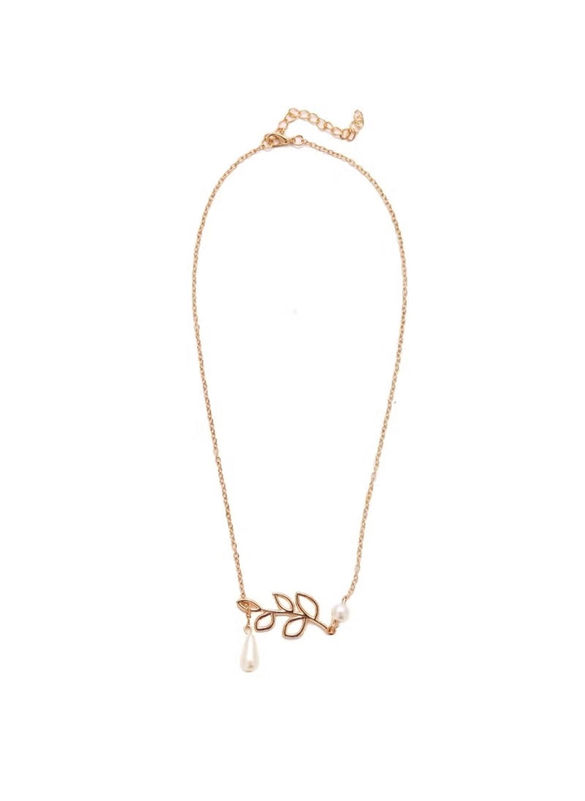 Huitich gold leaf pearl necklace with delicate gold chain and pearl drop pendant