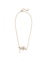 Gold leaf pearl necklace, long chain with bow leaf pendant and dangling teardrop pearl