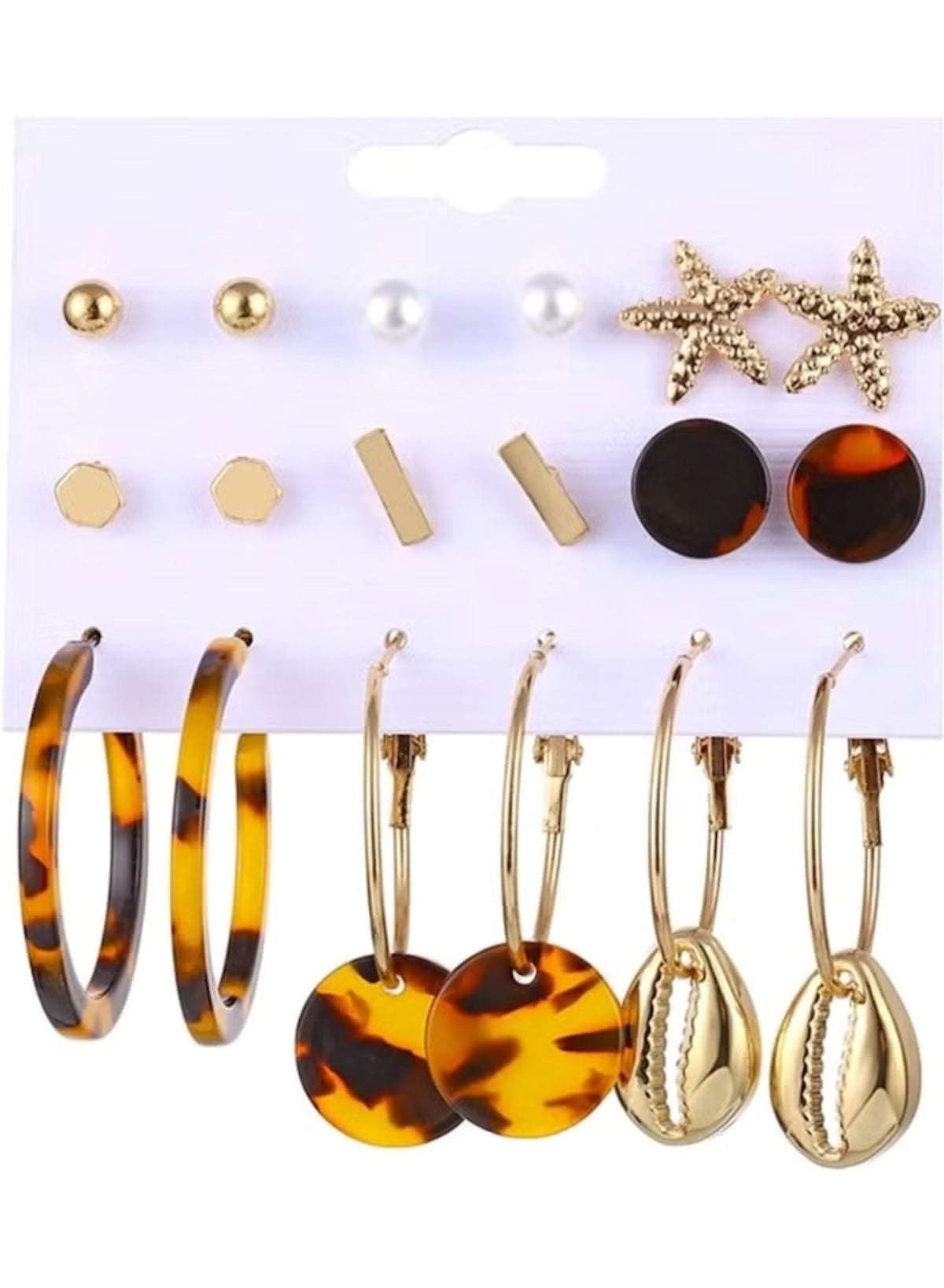 Gold mixed earring set for women featuring hoops, studs, and playful designs in tortoise shell and gold tones