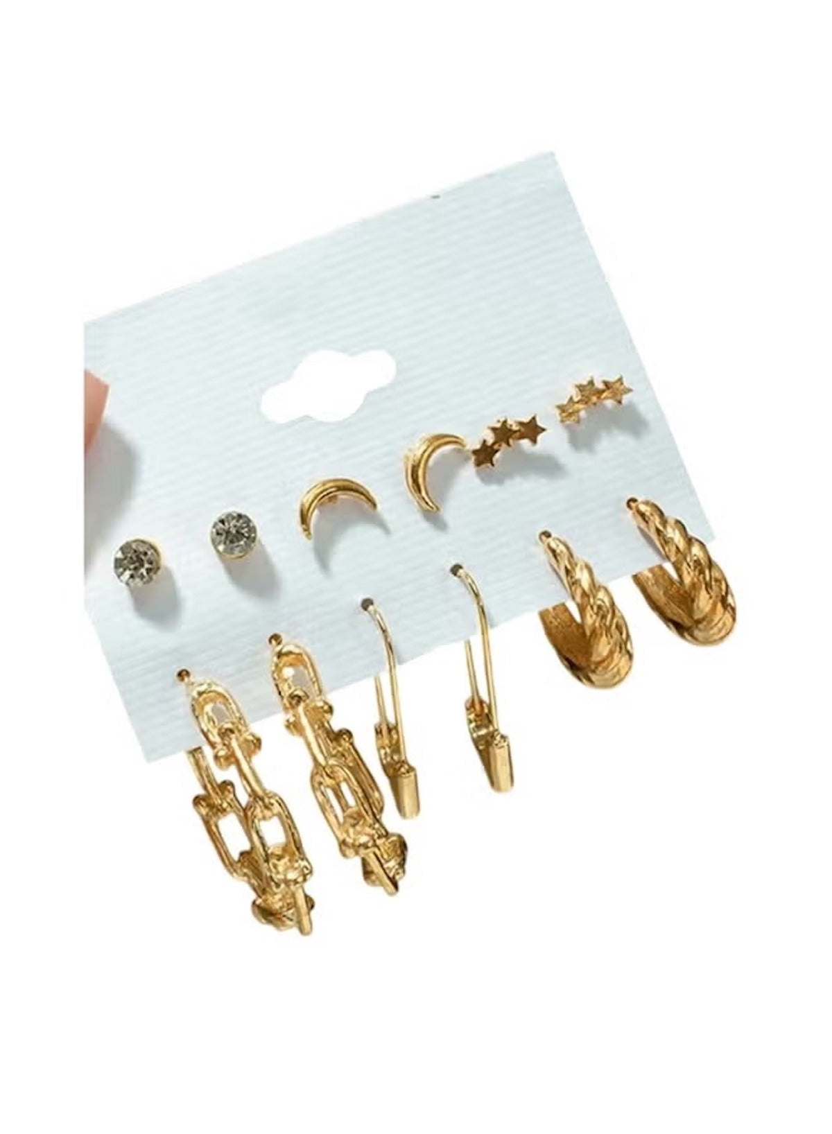 Gold moon and star earrings set with various styles including studs and hoops