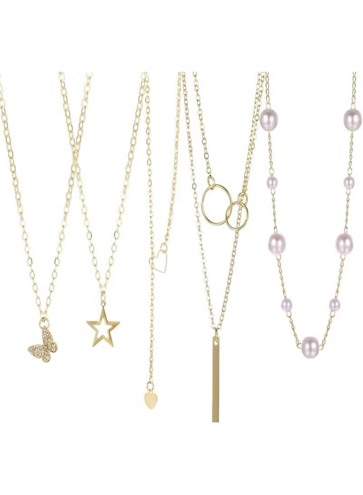 Elegant gold necklace set for women featuring various charms and pearl accents for versatile styling