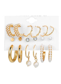 9-Pair Gold Pearl & Crystal Earring Set for Women – Studs & Hoops, Alloy Material (0.6cm–3.5cm)