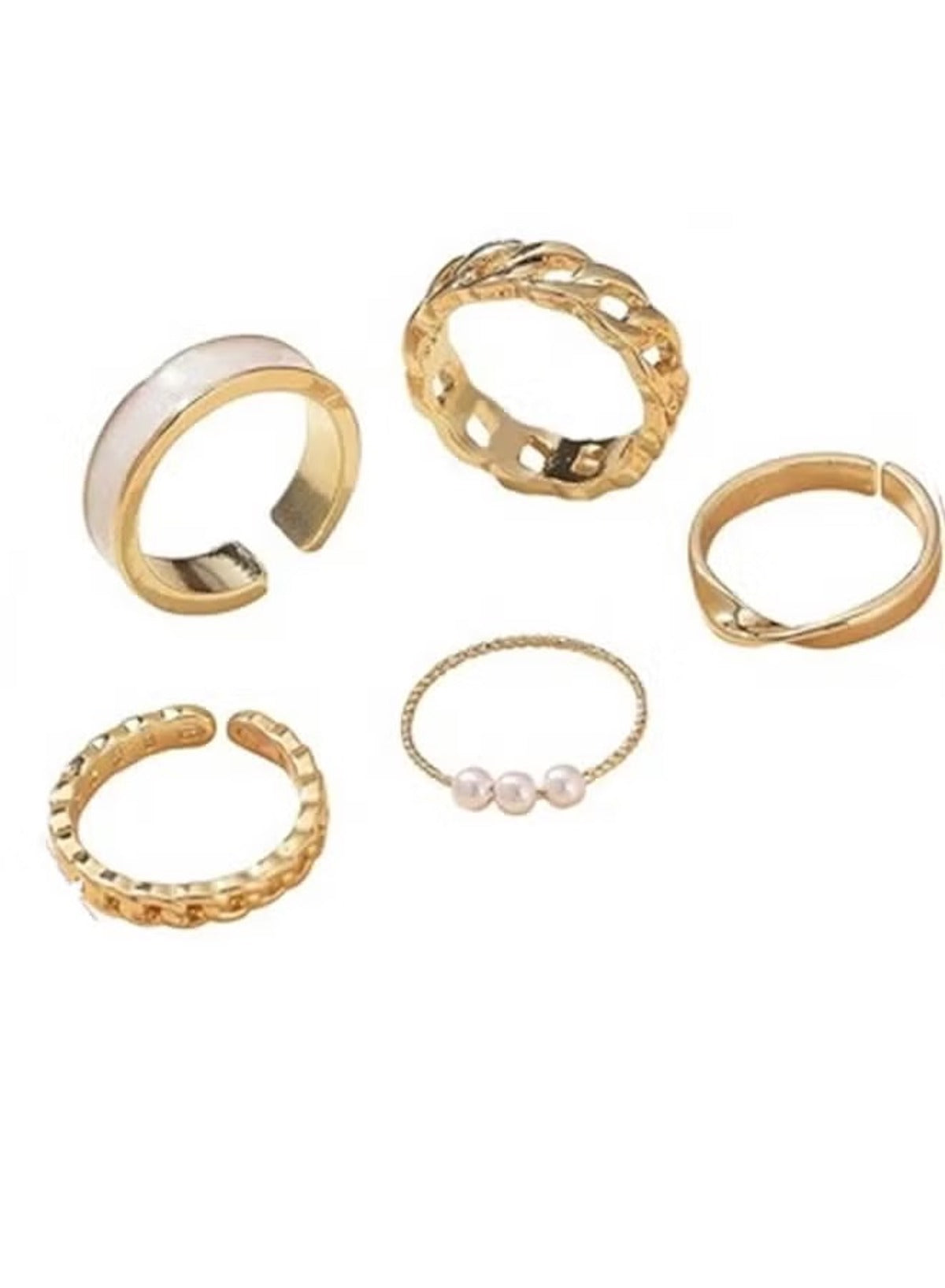 Gold plated pearl ring set featuring five elegant rings with varied designs and finishes